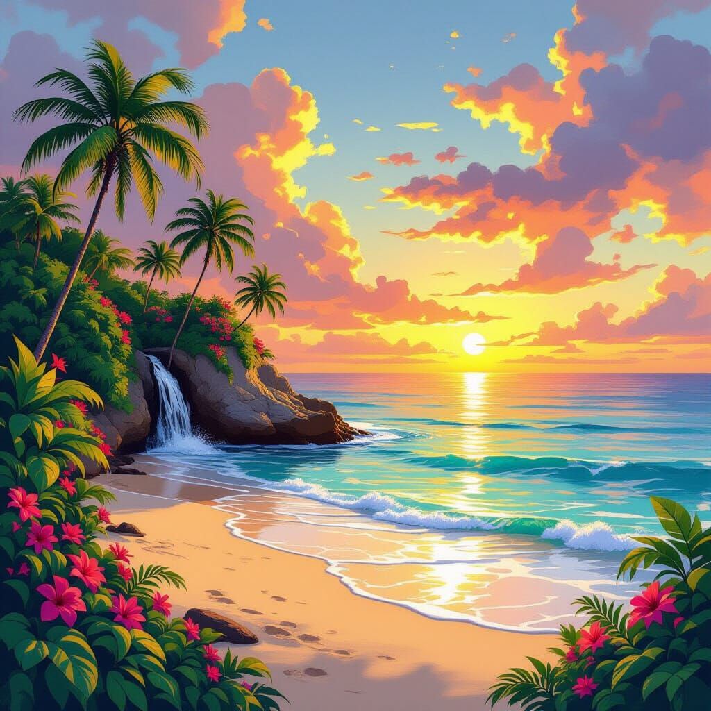 Golden Hour Sunset Over Tropical Island: Concept Art