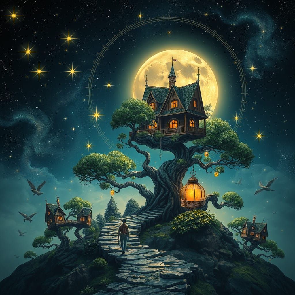 Cosmic Dreamscape with Starry Sky and Glowing Fairy Village