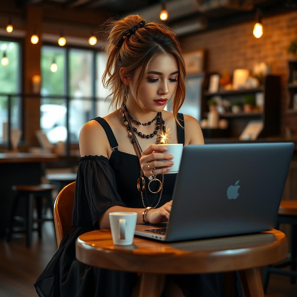 Modern Witch in Coffee Shop with Magic Sparkles