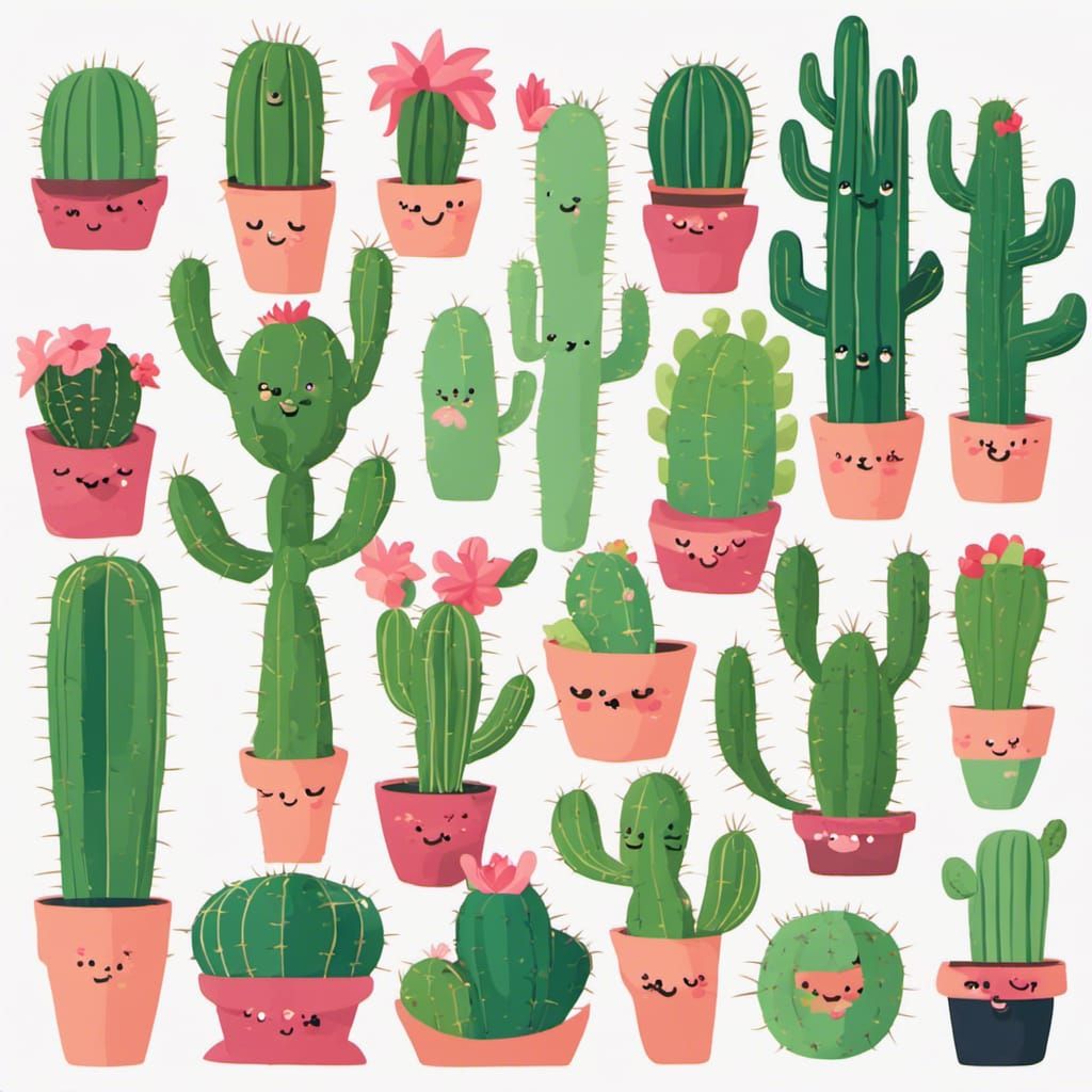 Nine Cute Cacti in Flat Vector Style