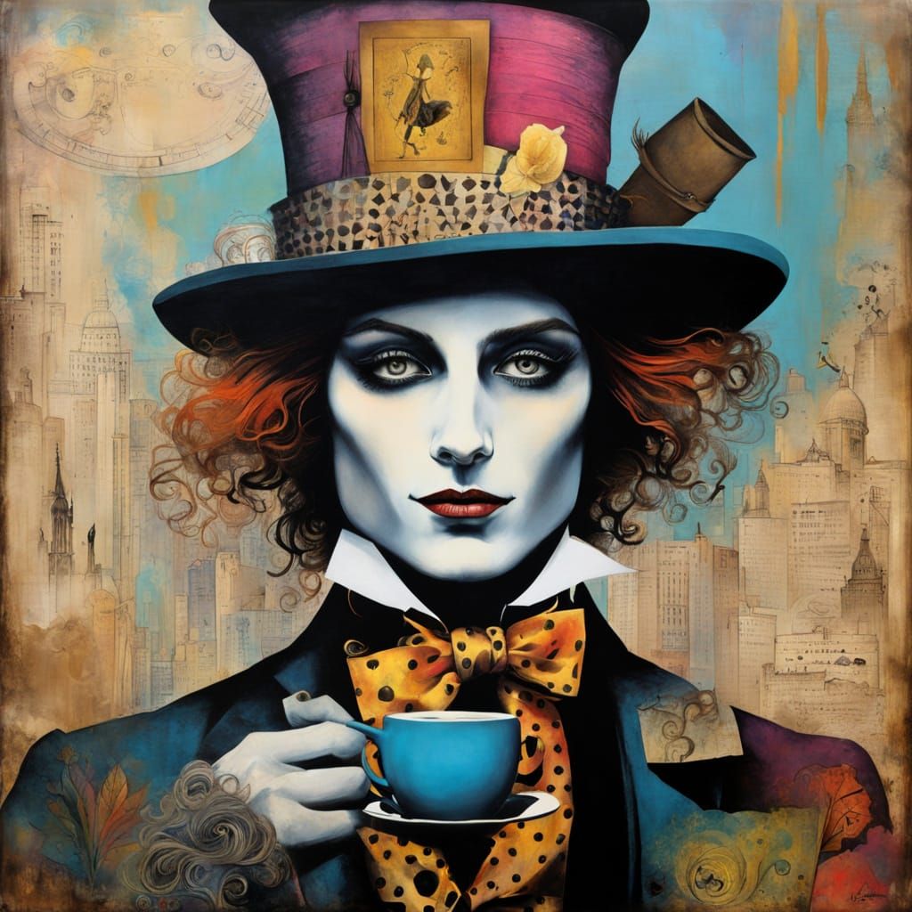 Surreal Portrait of the Mad Hatter in a Vibrant Coffee Shop ...