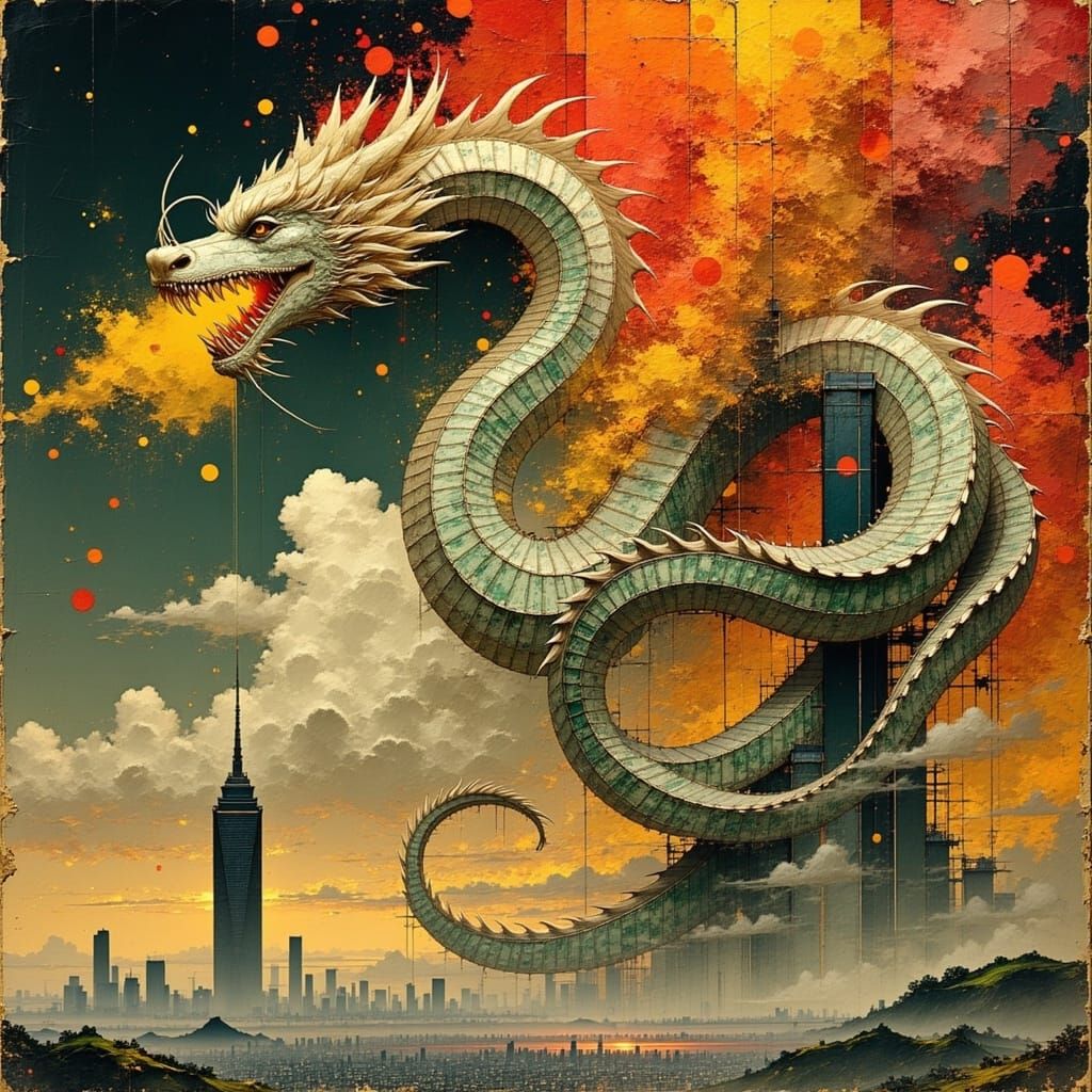 Mythical Dragon Wrapped Around Skyscraper with Burning Bankn...
