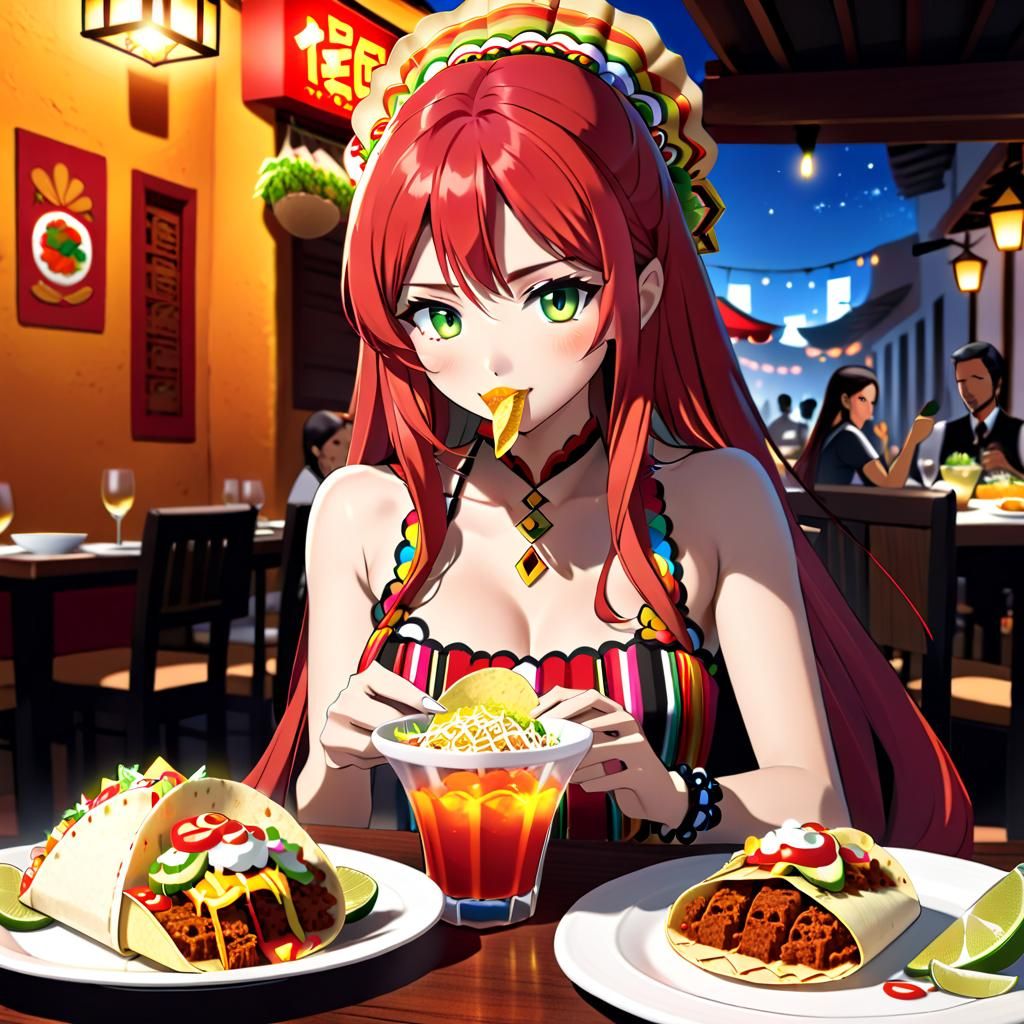 Anime Girl in Mexico Enjoying Tacos