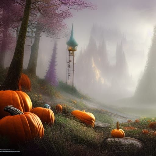 Fairy Forest Clearing with Pumpkins in Matte Painting