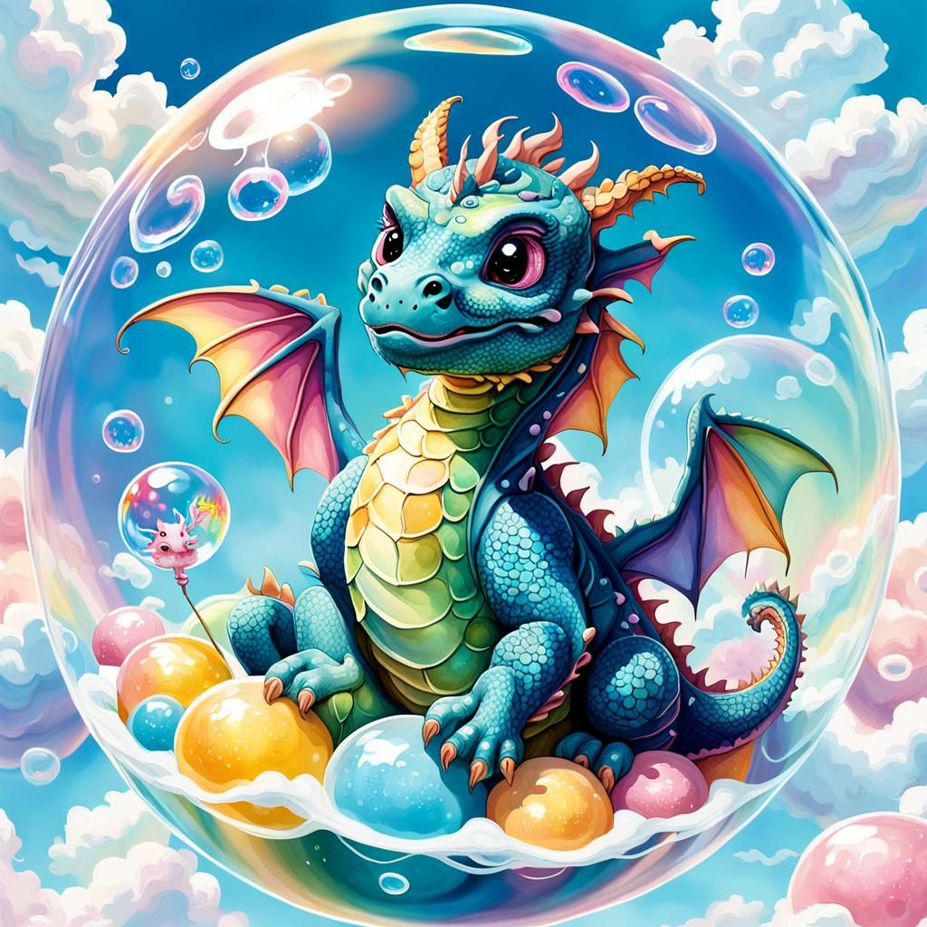 Baby Dragon in Bubble: Whimsical Gouache Illustration