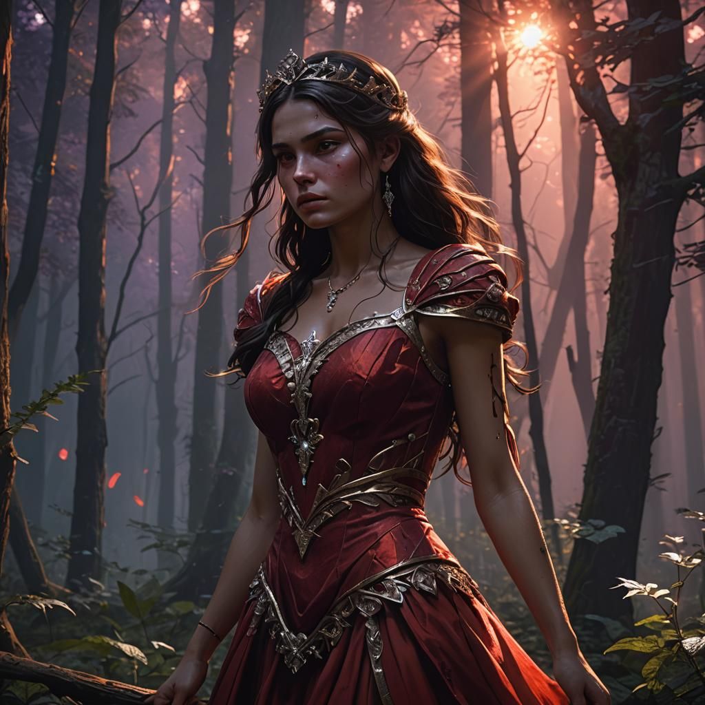 Injured Brunette in Forest: Dark Fantasy Concept Art