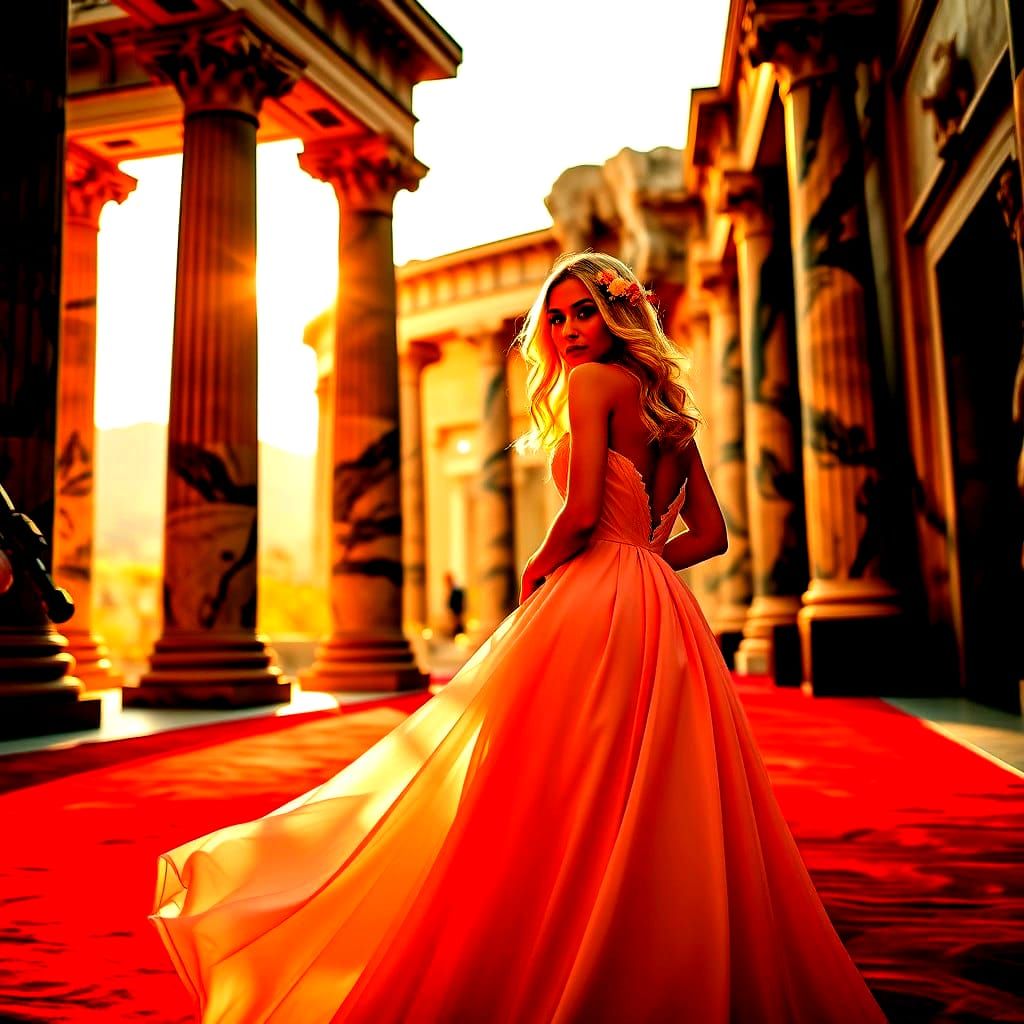 Greek Temples with Dining Halls and Lady in Pink