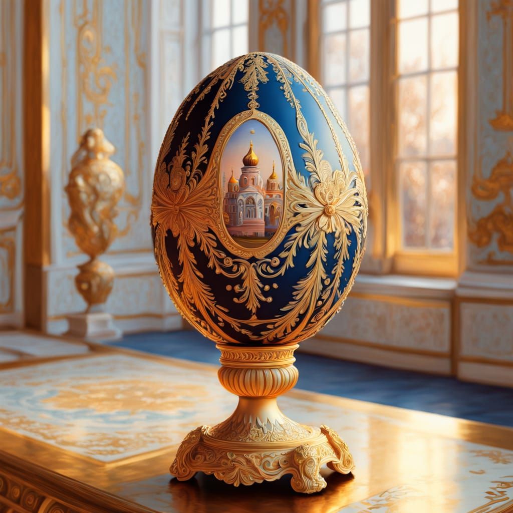 Gouache Painting of Faberge Winter Egg in Grand Room