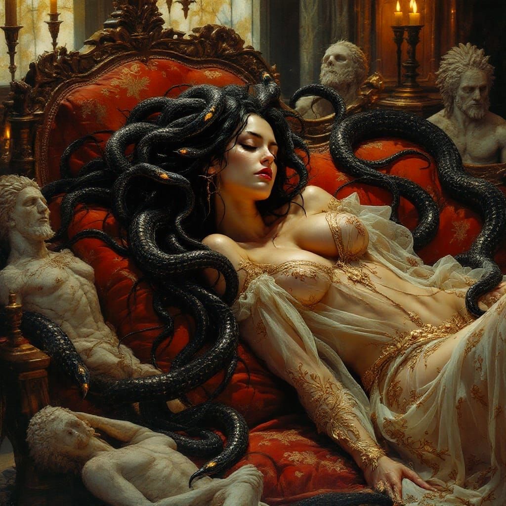Medusa Asleep on Red Sofa, Fantasy Art
