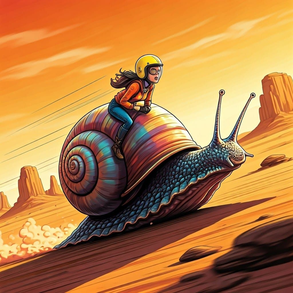 Woman Rides Snail Through Desert Landscape