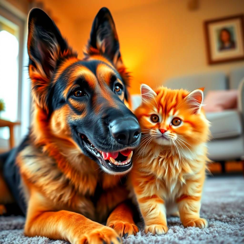 Friendly German Shepherd and Fluffy Orange Cat Share a Playf...