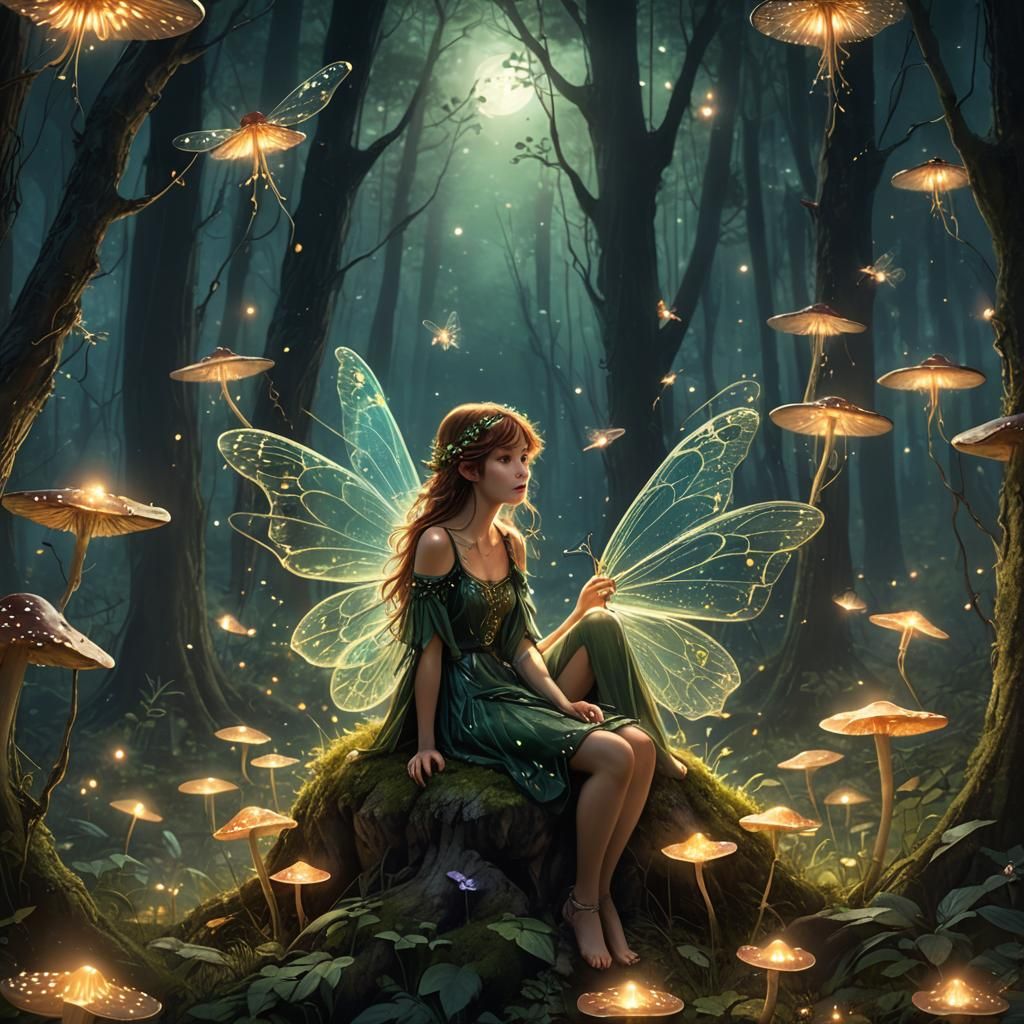 Fairy in Moonlit Forest with Fireflies: Digital Painting