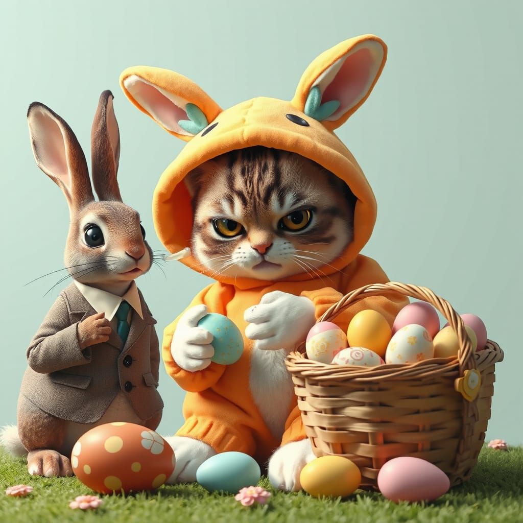 Kitten Easter Bunny Costume Dispute in Hyperdetailed Digital...