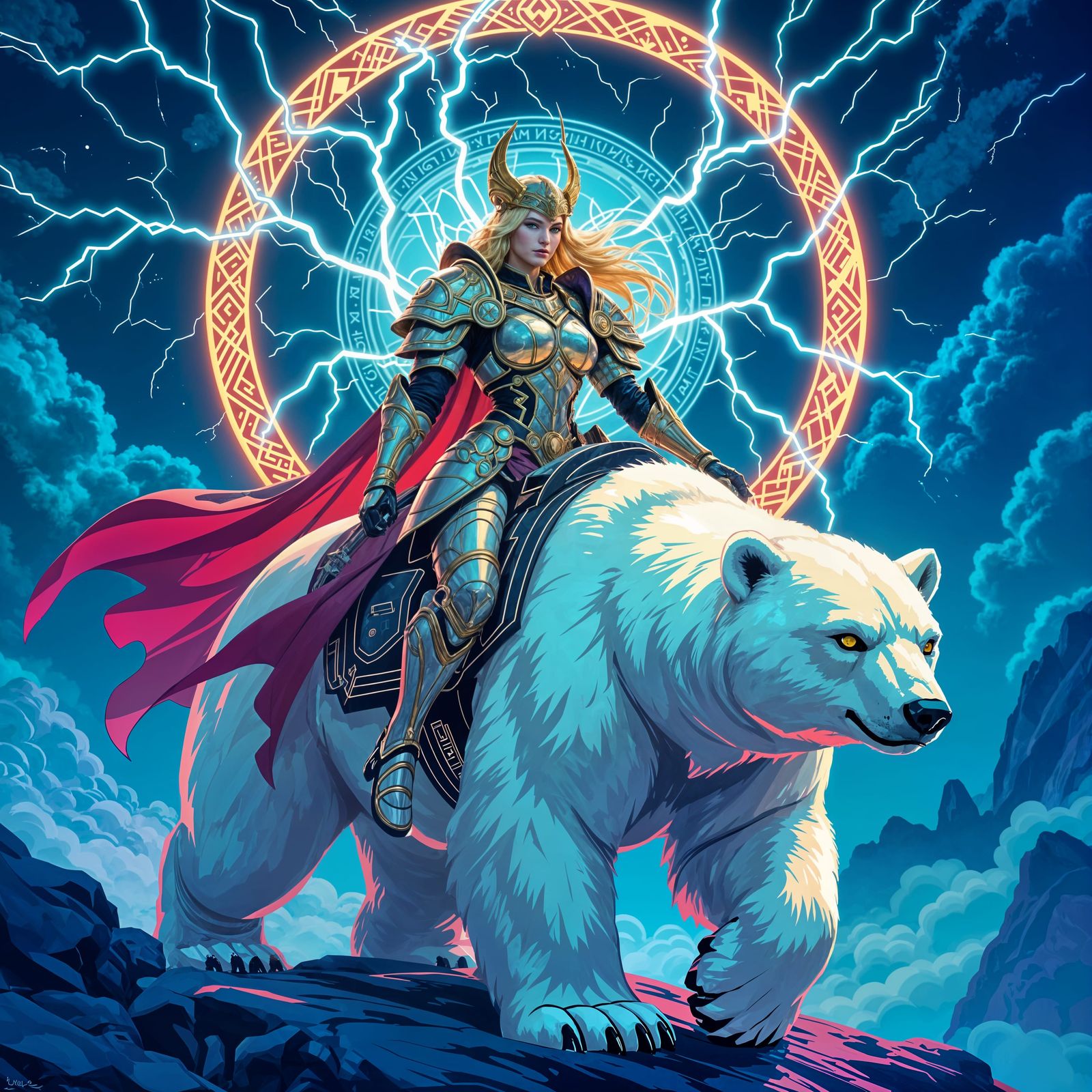 Cybernetic Valkyrie Rides Robotic Bear in Neon Afterlife