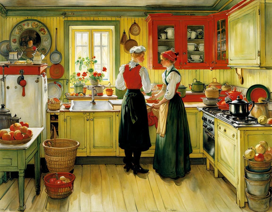 Swedish Kitchen Scene in Arts and Crafts Style