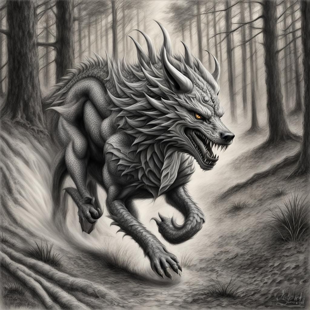 Dragon Wolf in Forest: Charcoal Drawing