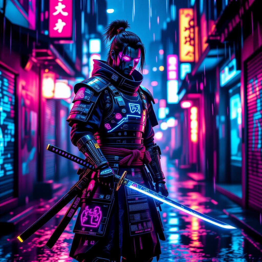 Cyberpunk Samurai in Neon Alleyway with Electric Katana