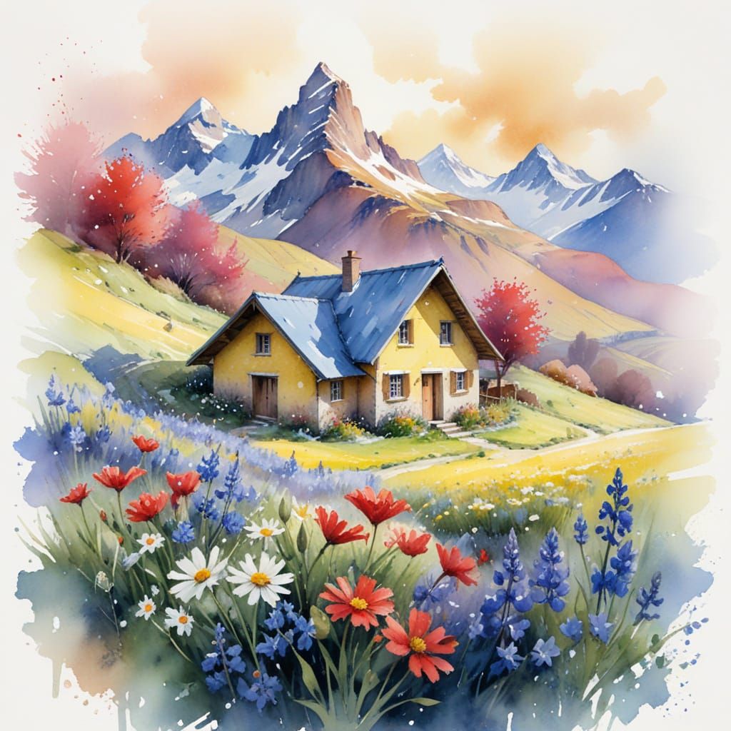 Alpine Mountain Hut in Watercolor Sunrise