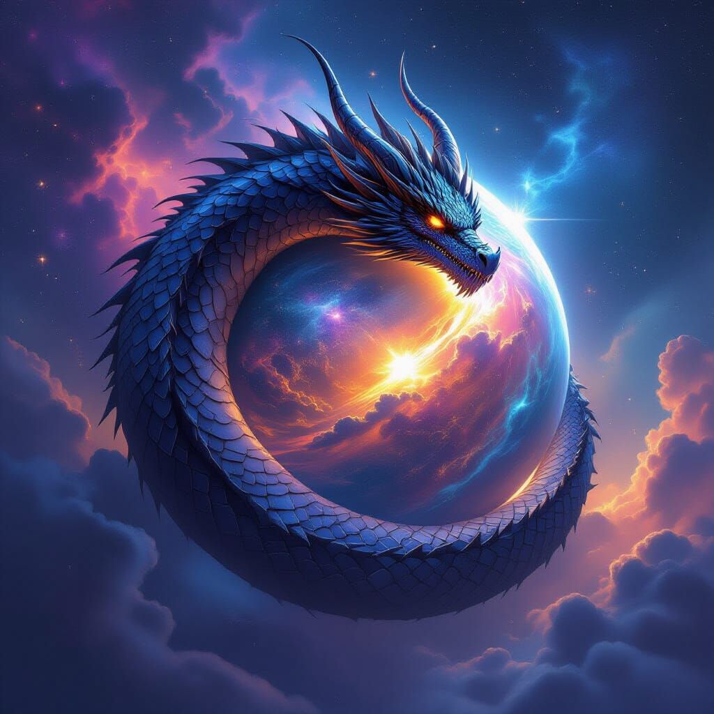 Ancient Dragon Coiled Around Ethereal Planet in Space