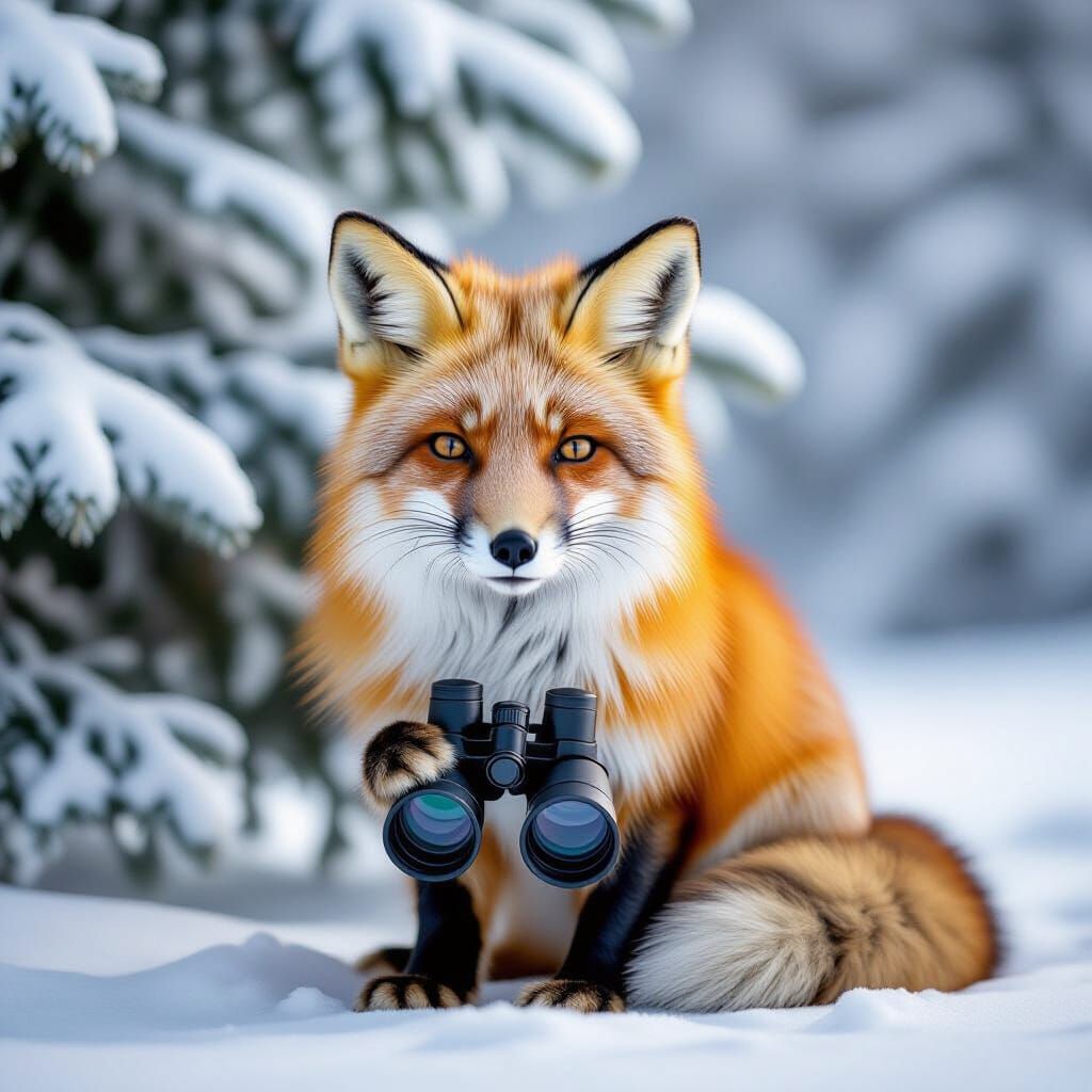 Vibrant Fox with Binoculars in Snowy Forest