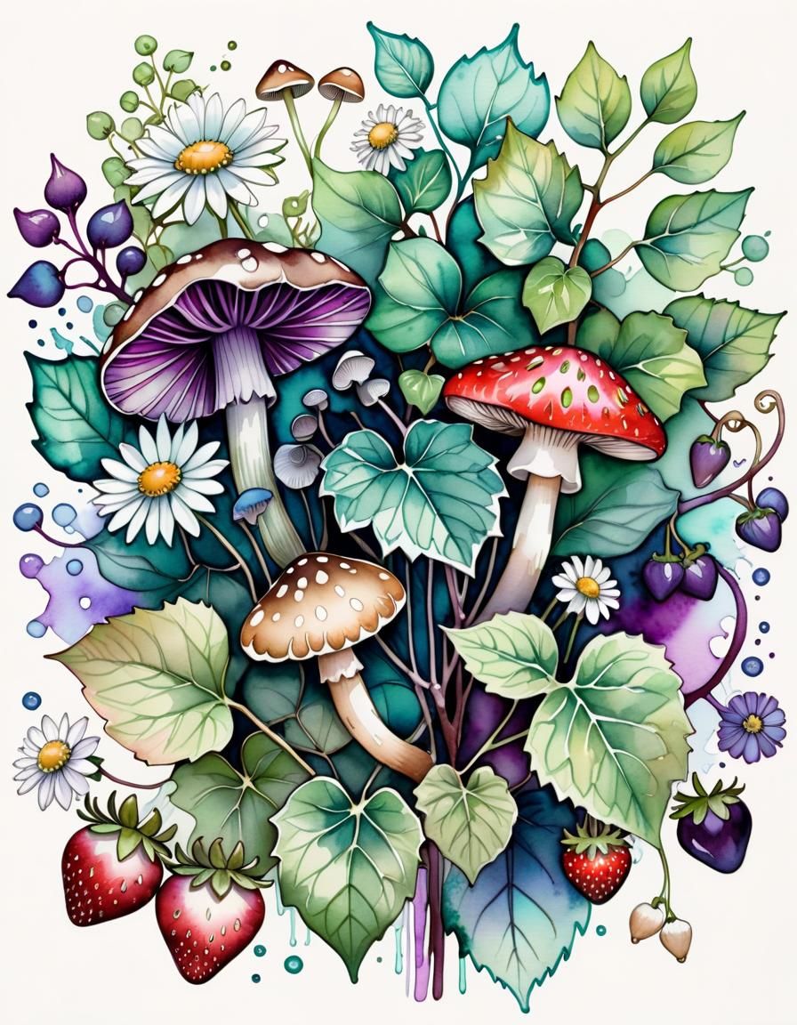 Watercolor Illustration of Ivy, Berries, and Mushrooms