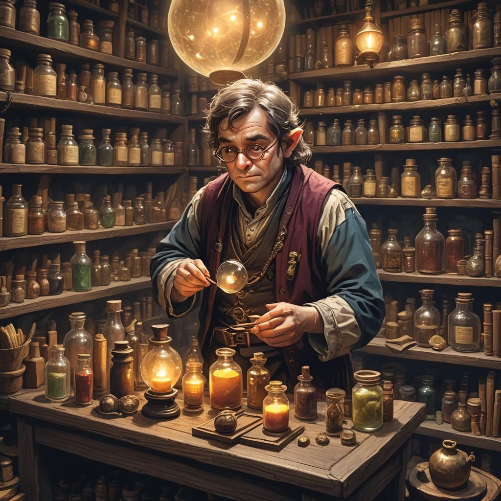 Mystical Apothecary: Halfling Shopkeeper Polishing Potion
