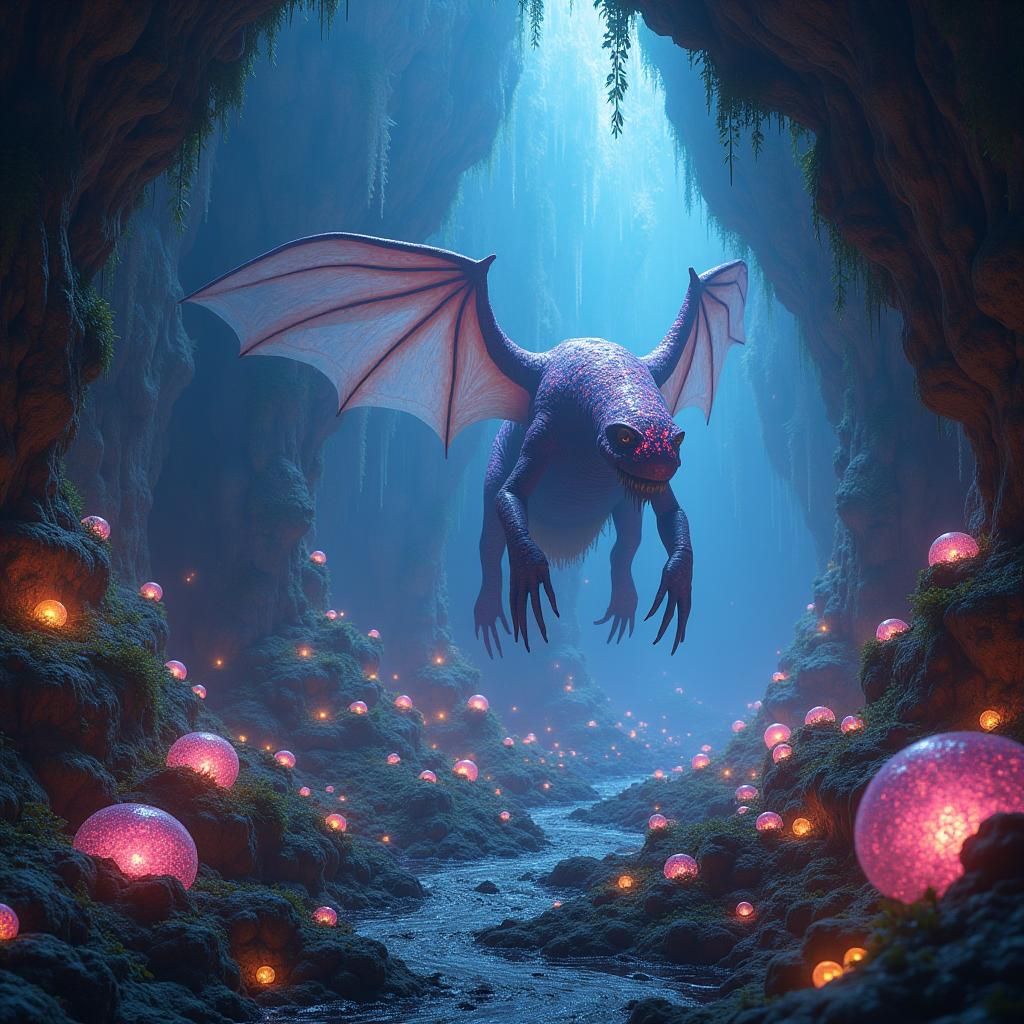 Luminous Cave Creature with Glowing Flora, Fantasy Art