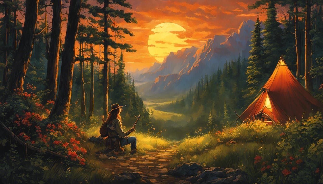 Cowgirl at Campfire in Lush Forest, Comic Book Art