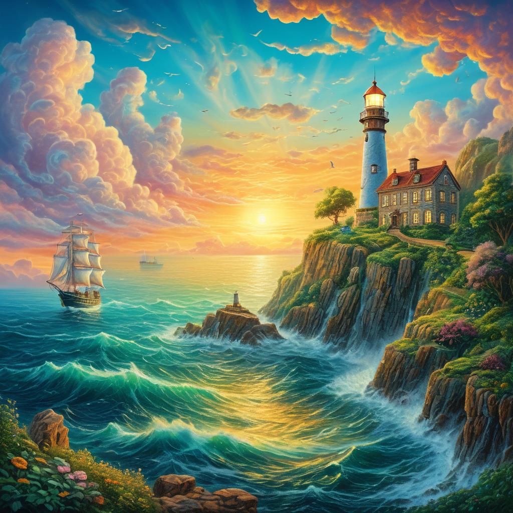 Lighthouse at Sunset: A Whimsical Fantasy Landscape