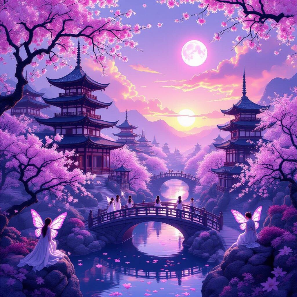 Lost City in Cherry Blossom Grove with Cat Fairies