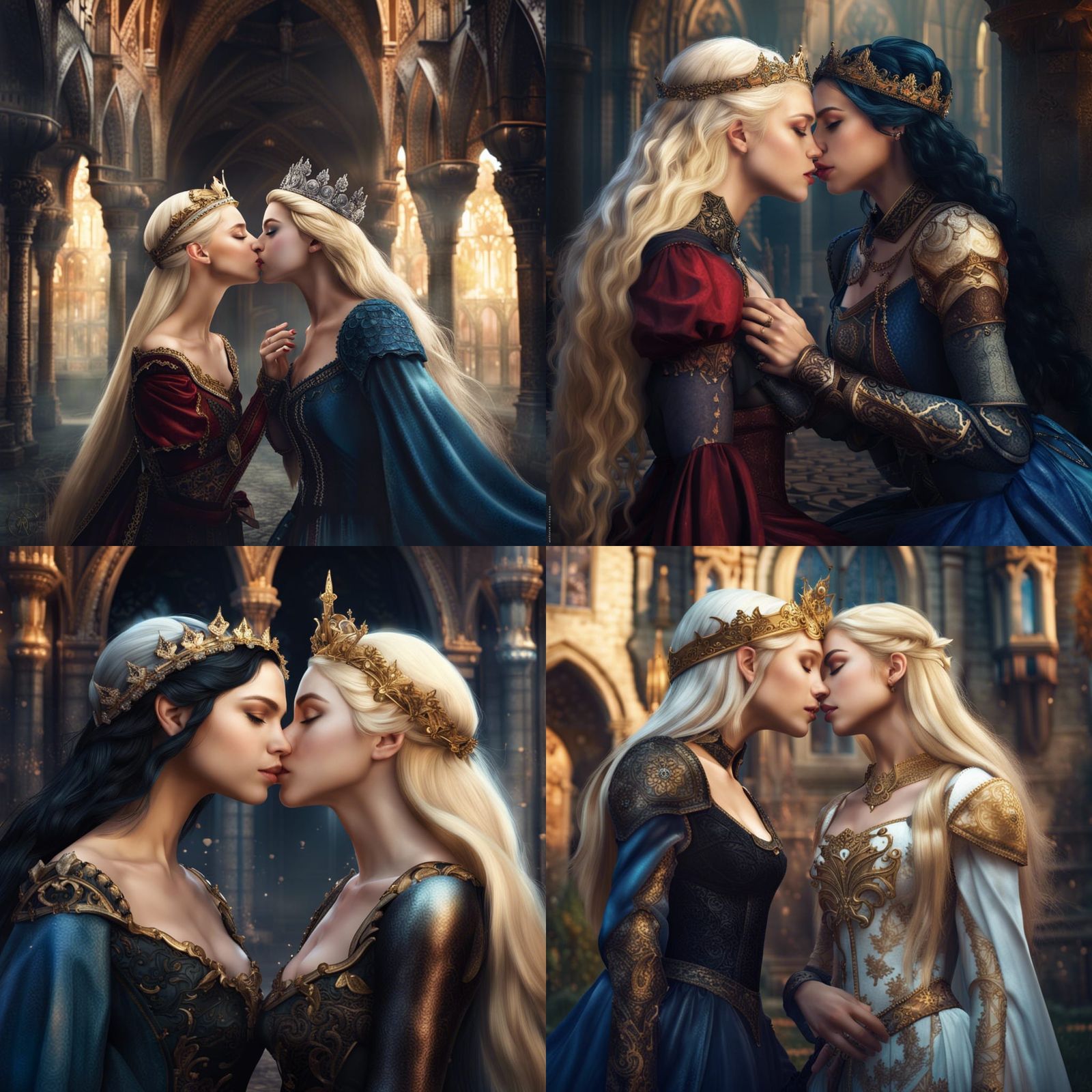 Medieval Fantasy: Two Princesses Share a Kiss