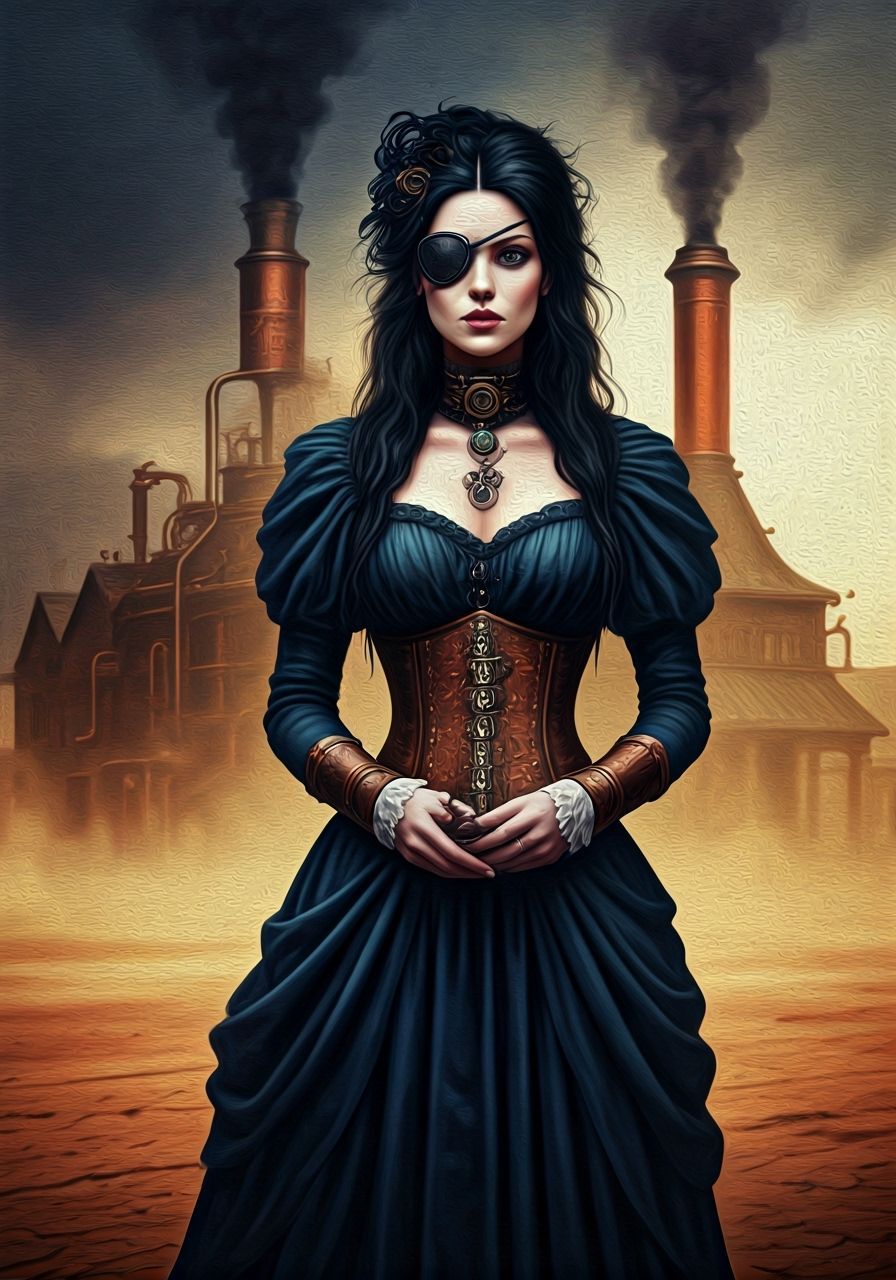 Gothic Steampunk Woman in Victorian Town Oil Painting
