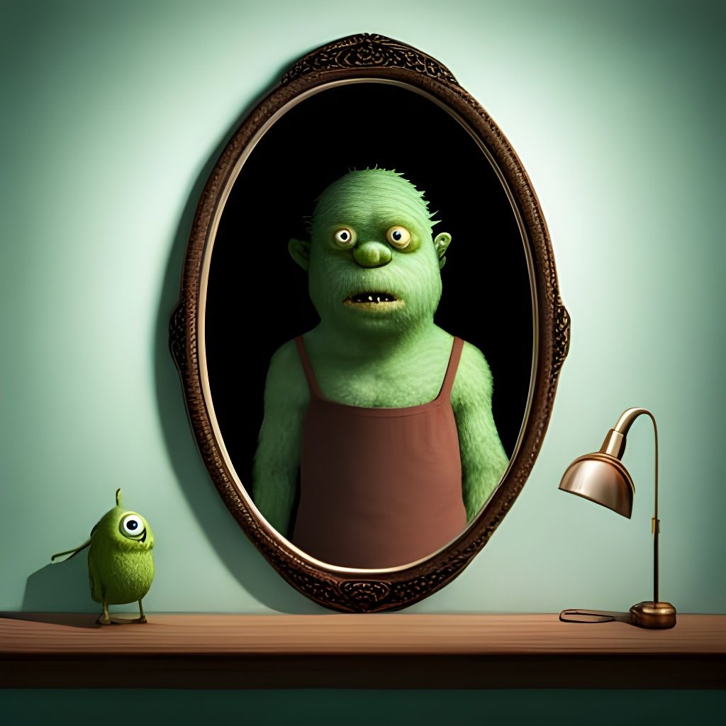 A monster looking at himself in a mirror