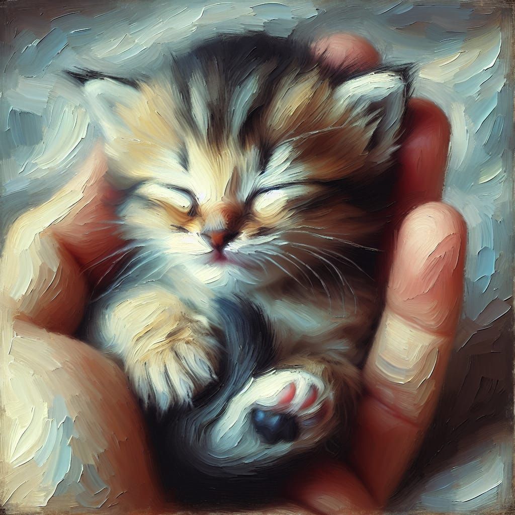 Slumbering Kitten of Impasto Brush Strokes
