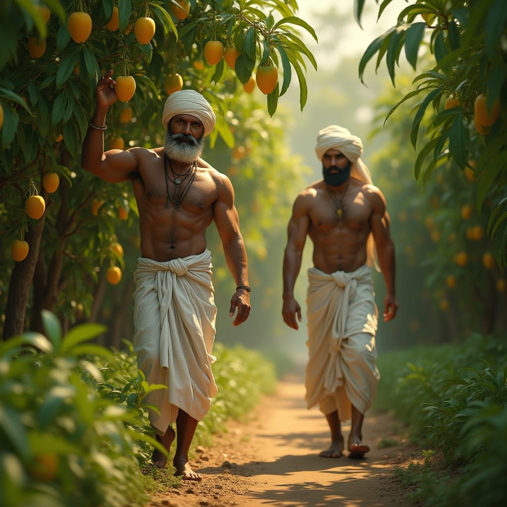 Muscular Indian Farmers in Lush Mango Orchard
