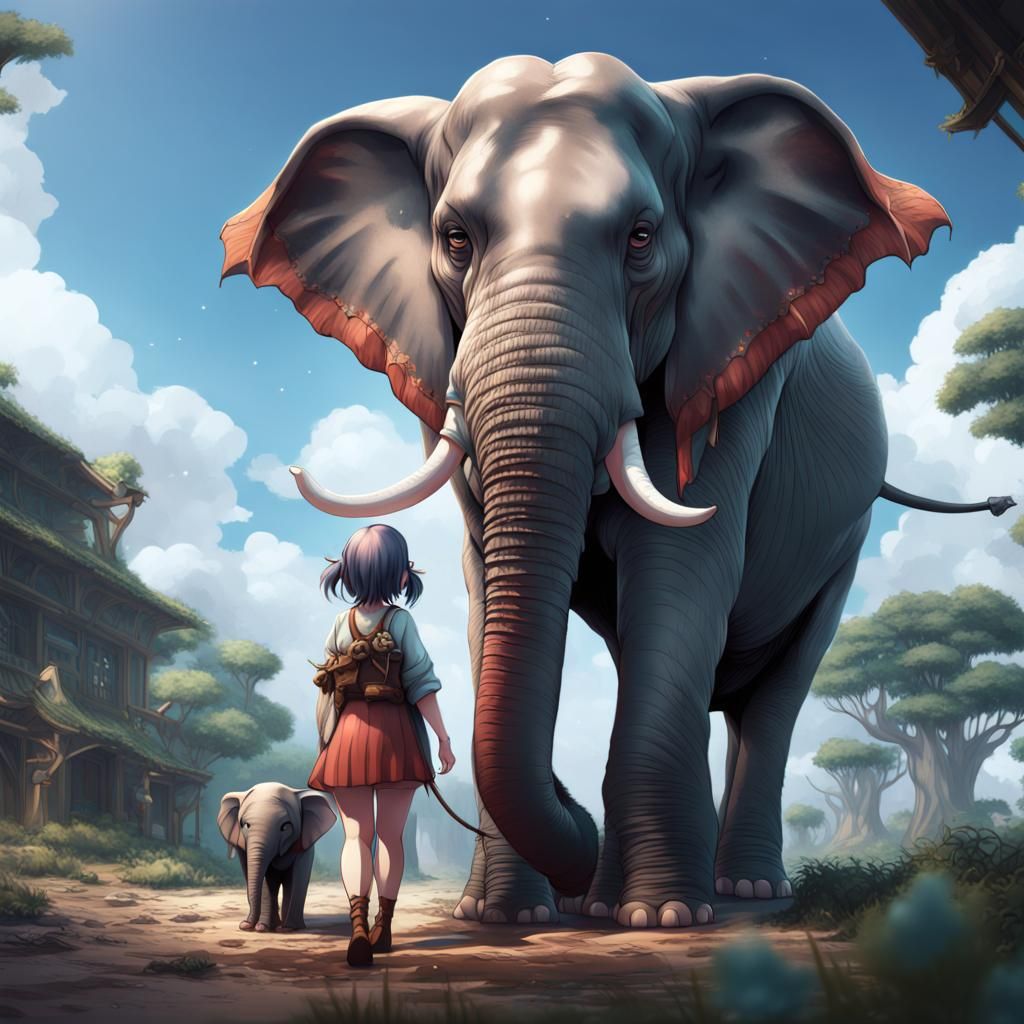 Anime Elephant Girl with Pet Elephant