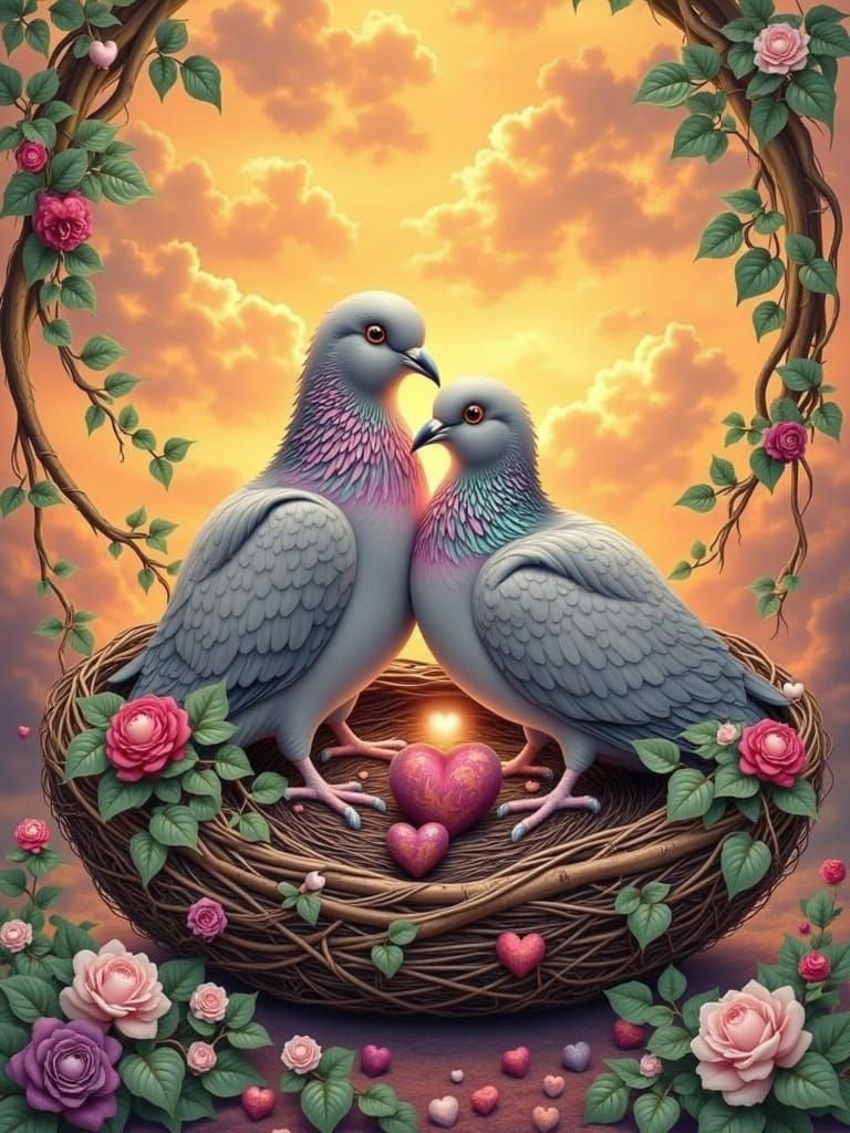 Surreal Dove Couple in Whimsical, Iridescent Feathers