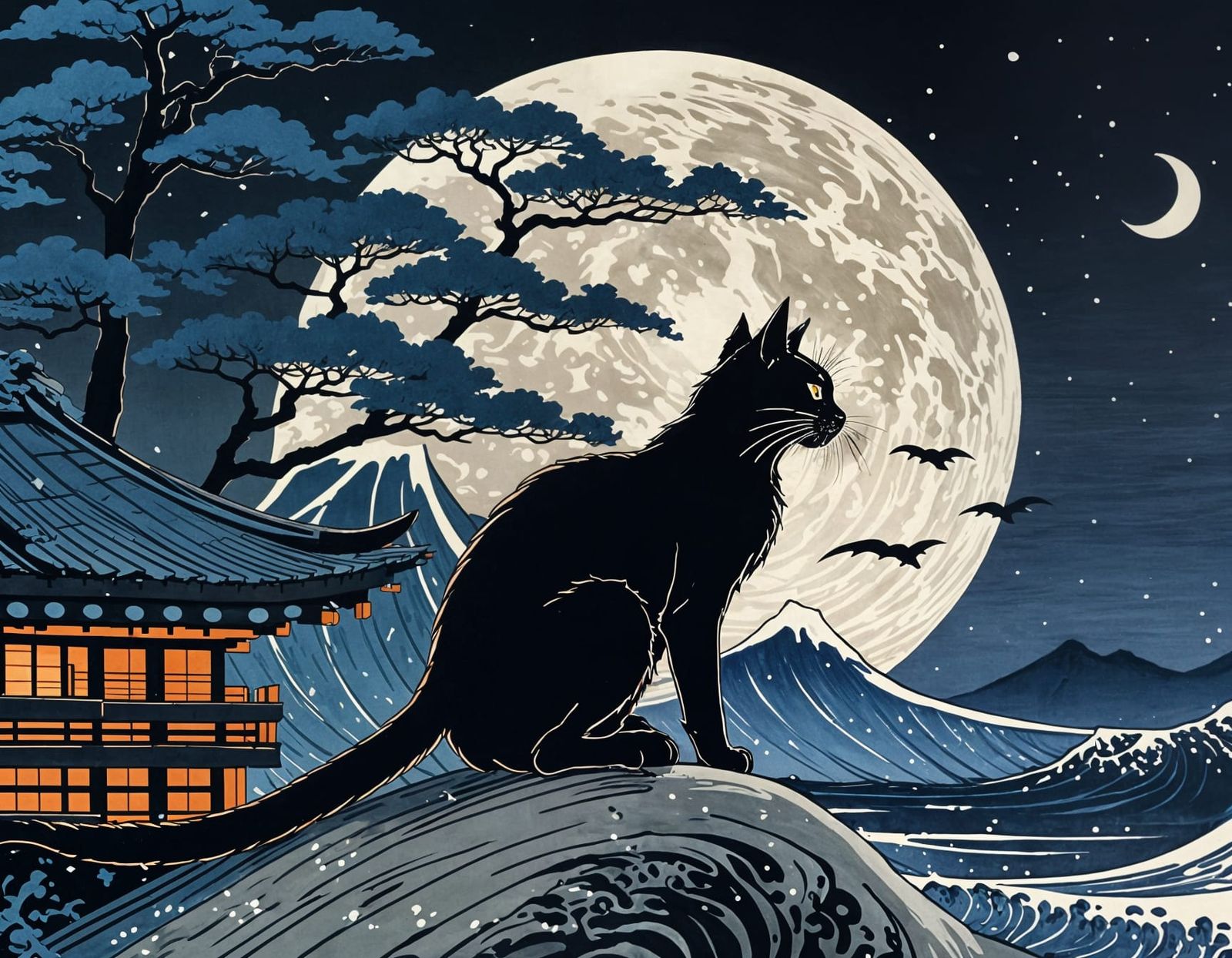 Ukiyo-e Black Cat Ninja in Hokusai Style