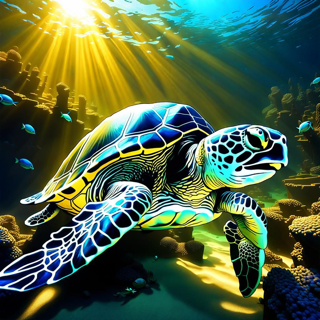 Sea Turtle and Shipwreck in Blue Underwater Scene