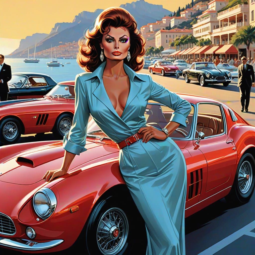 Sophia Loren Poses with Cherry-Red Ferrari in Monaco