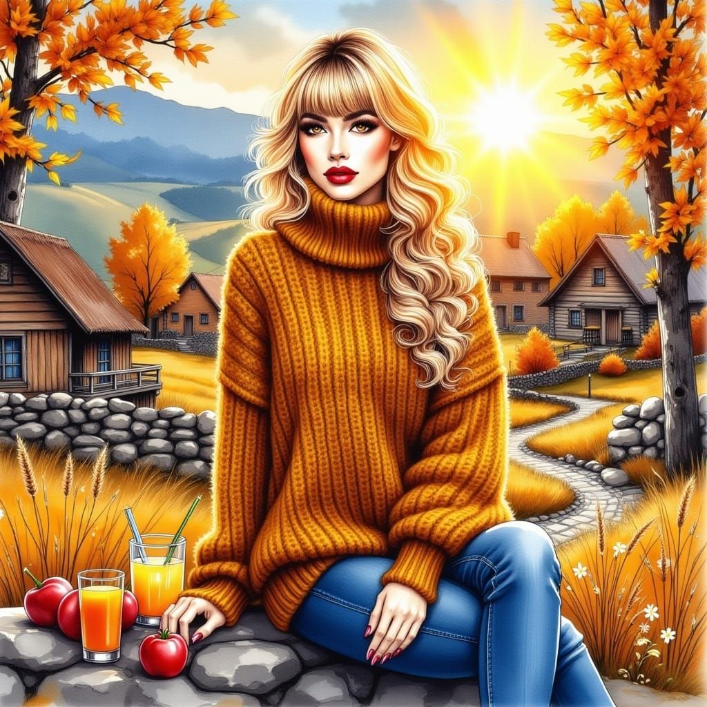 <lora:Alcohol Ink Flux:1.0> A stunning woman, blond wavy hair, bangs, make up, red lips, bar, drinking juice , brown and...