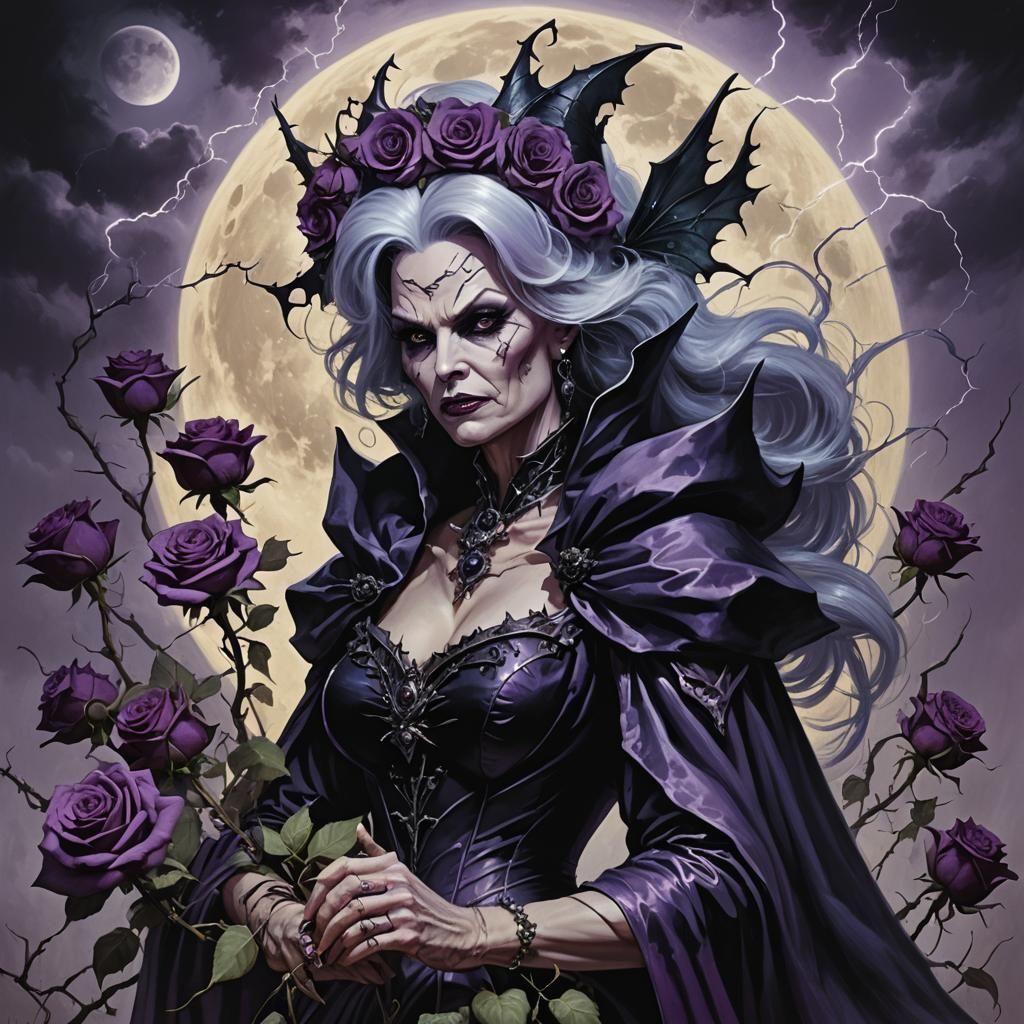 Evil fairy godmother, lightning, full moon, black and purple...