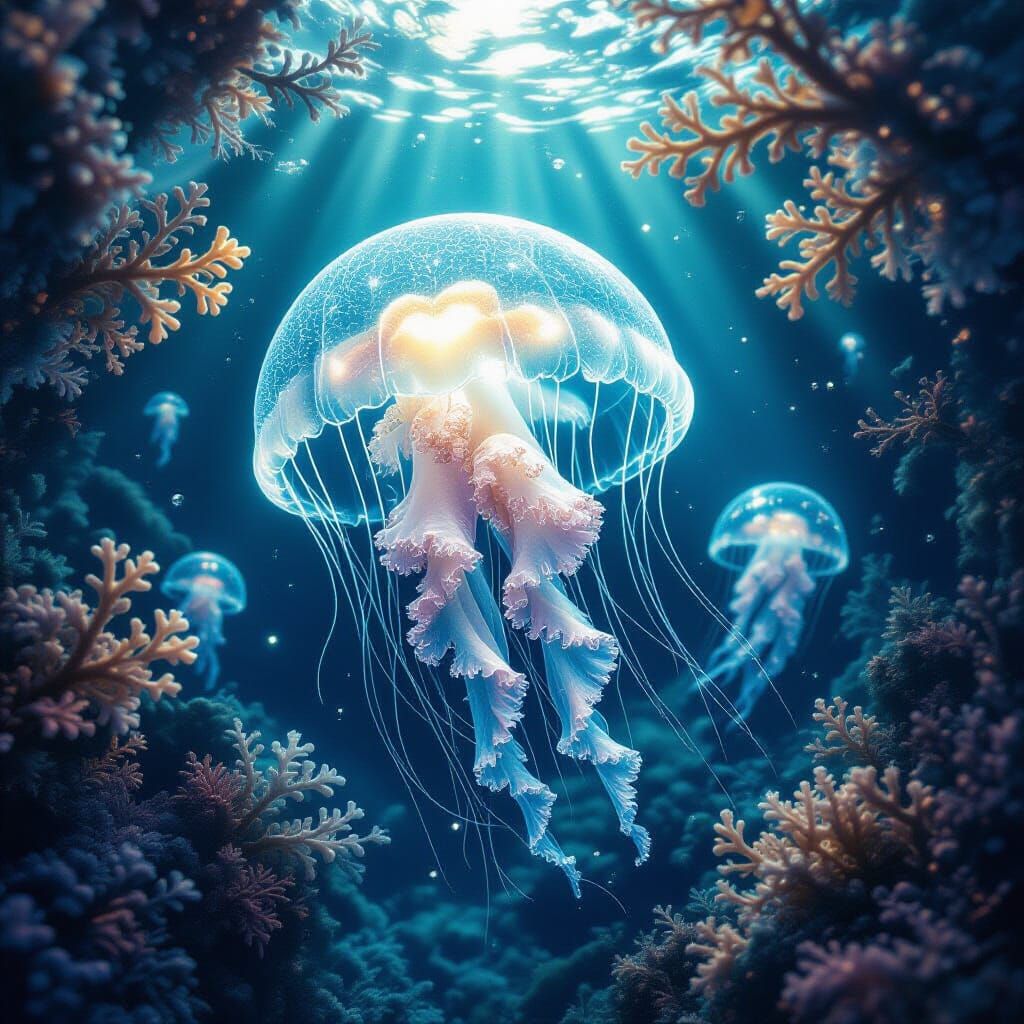 Bioluminescent Jellyfish Drifting Through Crystalline Coral ...