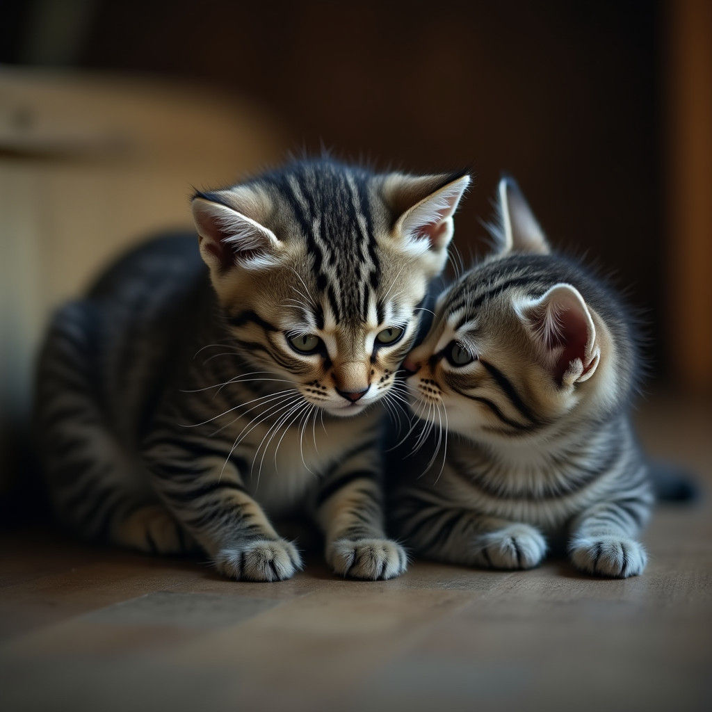 Grey Tabby Kitten Nuzzling Mother: Cinematic Film Still