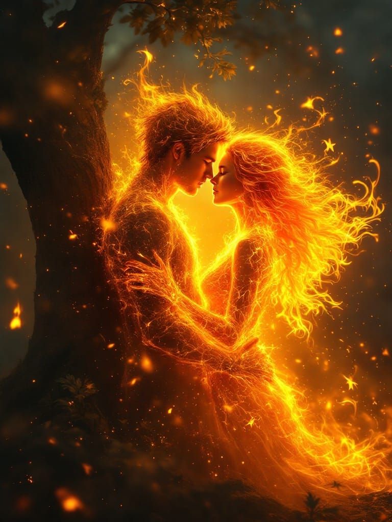 Fiery Embrace: Translucent Flame Apparitions in Love