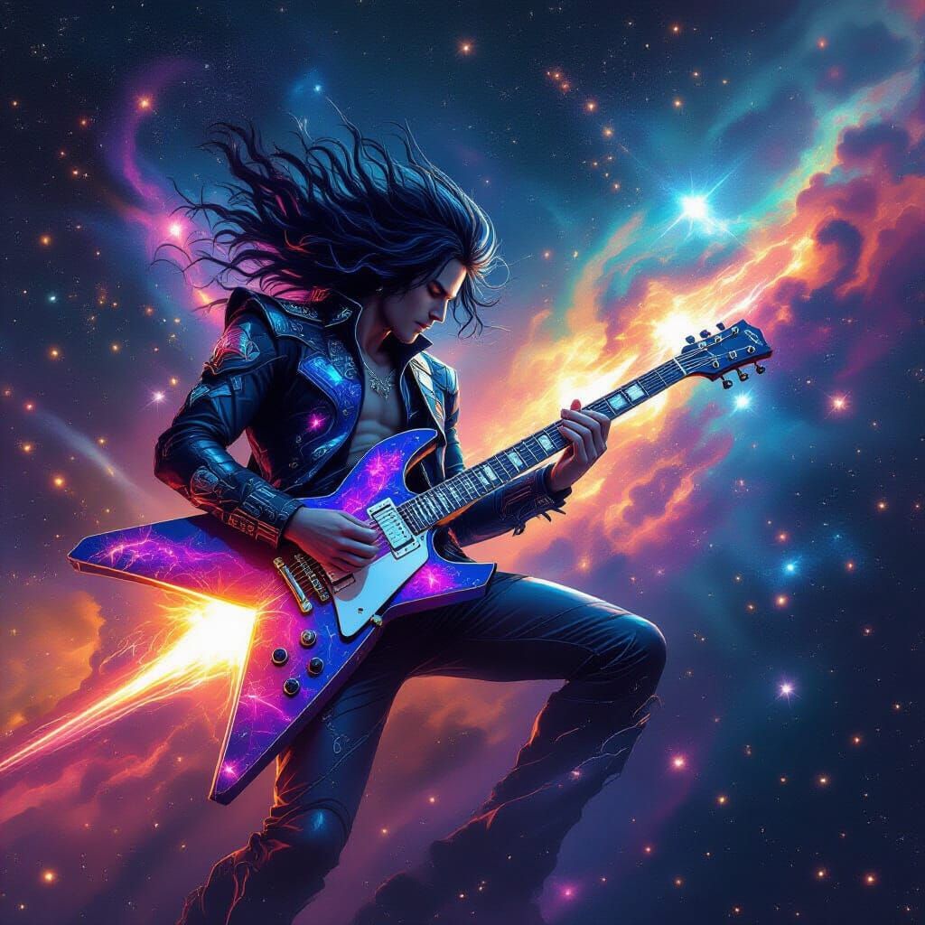 Celestial Guitarist Shreds in Cosmic Surrealism Style