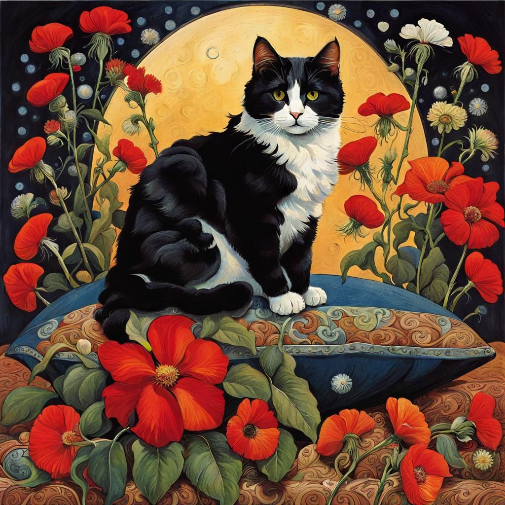 Cat on Pillow in Floral Setting