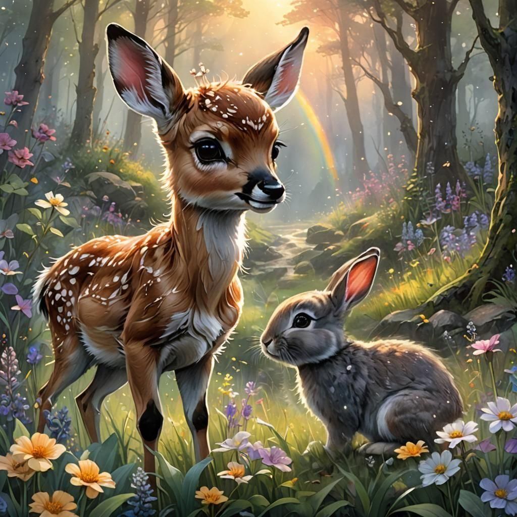 Chibi Bunny in Ethereal Forest: Digital Watercolor