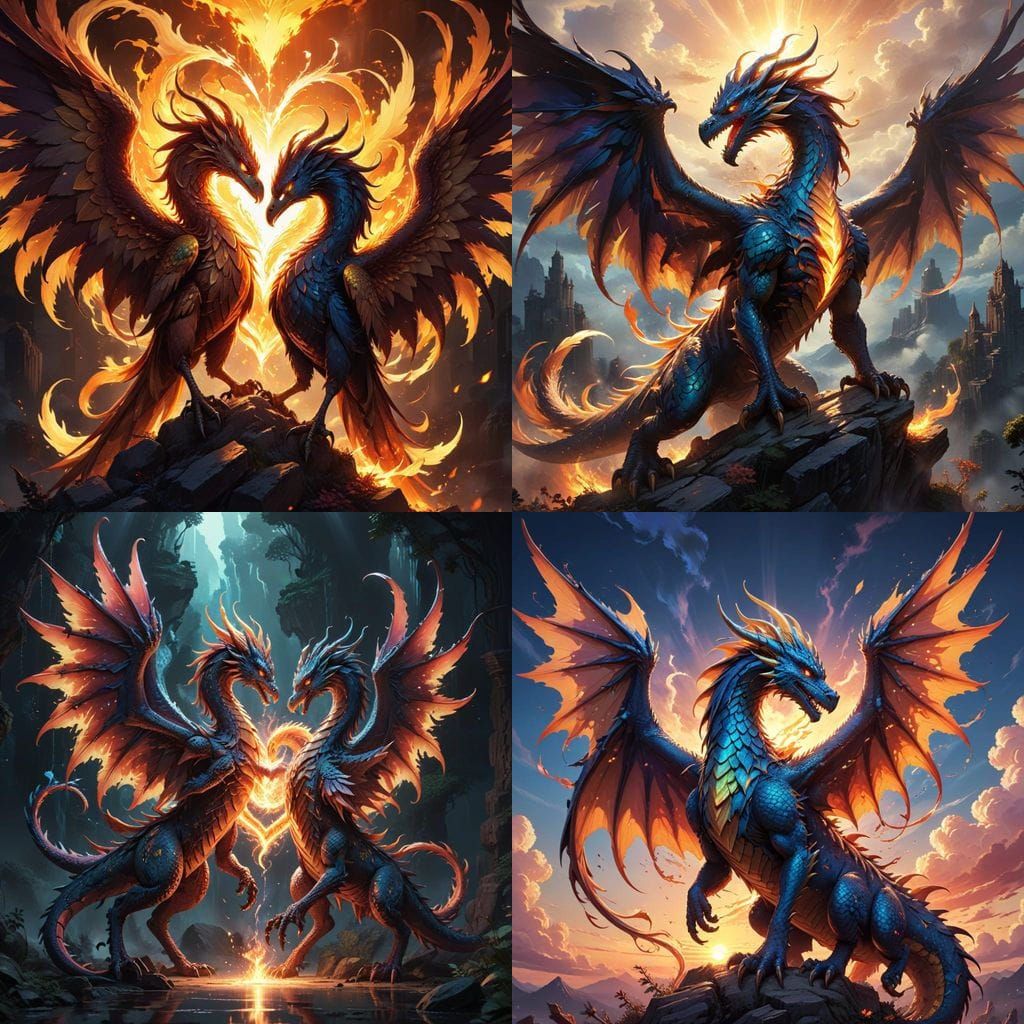 Surreal Dragon Phoenix Heart Aesthetic in Vibrant Cel-Shaded...