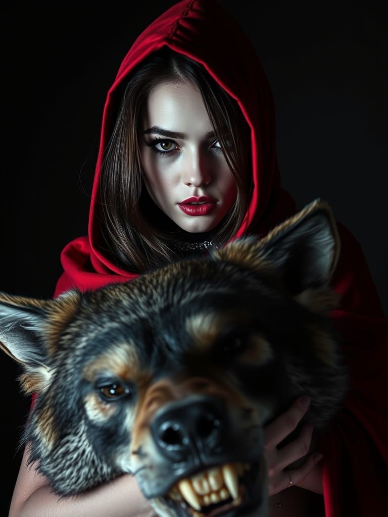 Little Red Riding Hood Embraces Wolf in Dark Fashion Photo